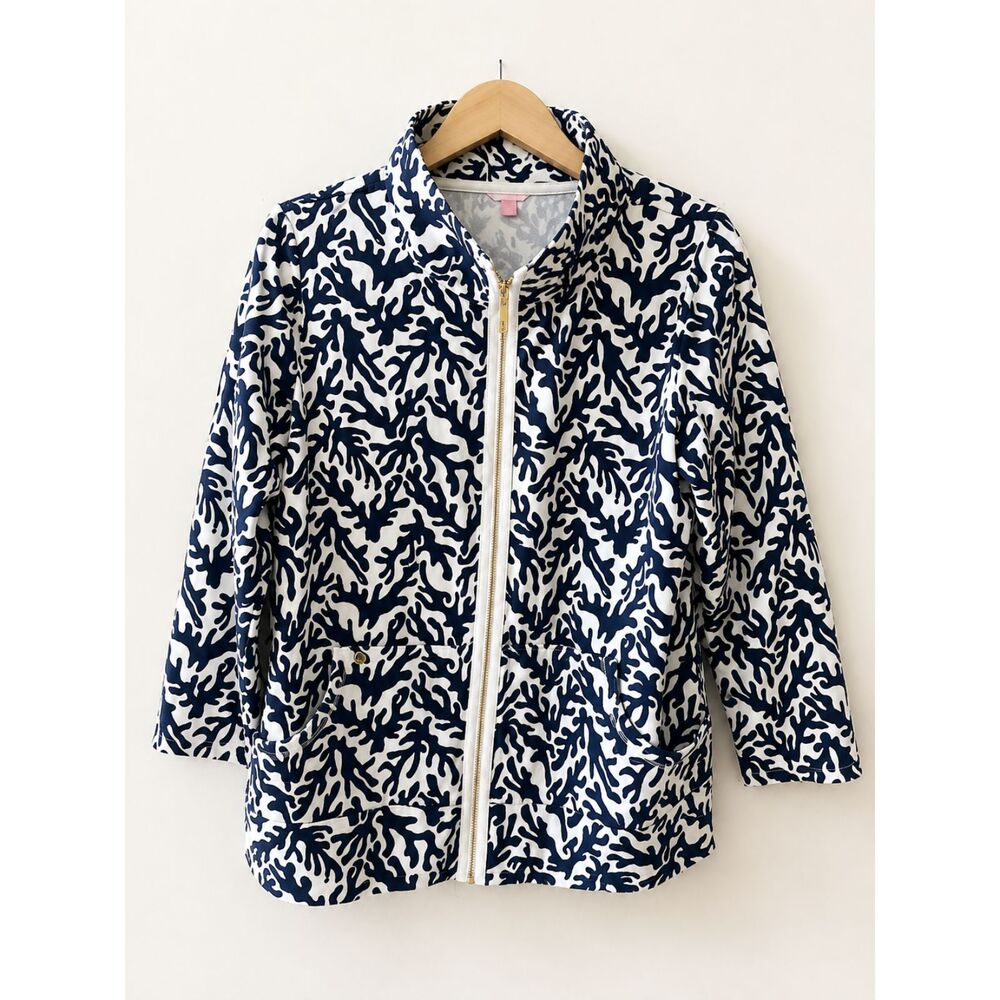 Lilly Pulitzer Navy White Coral Print Zip Front Jacket Size XL Resort Coastal